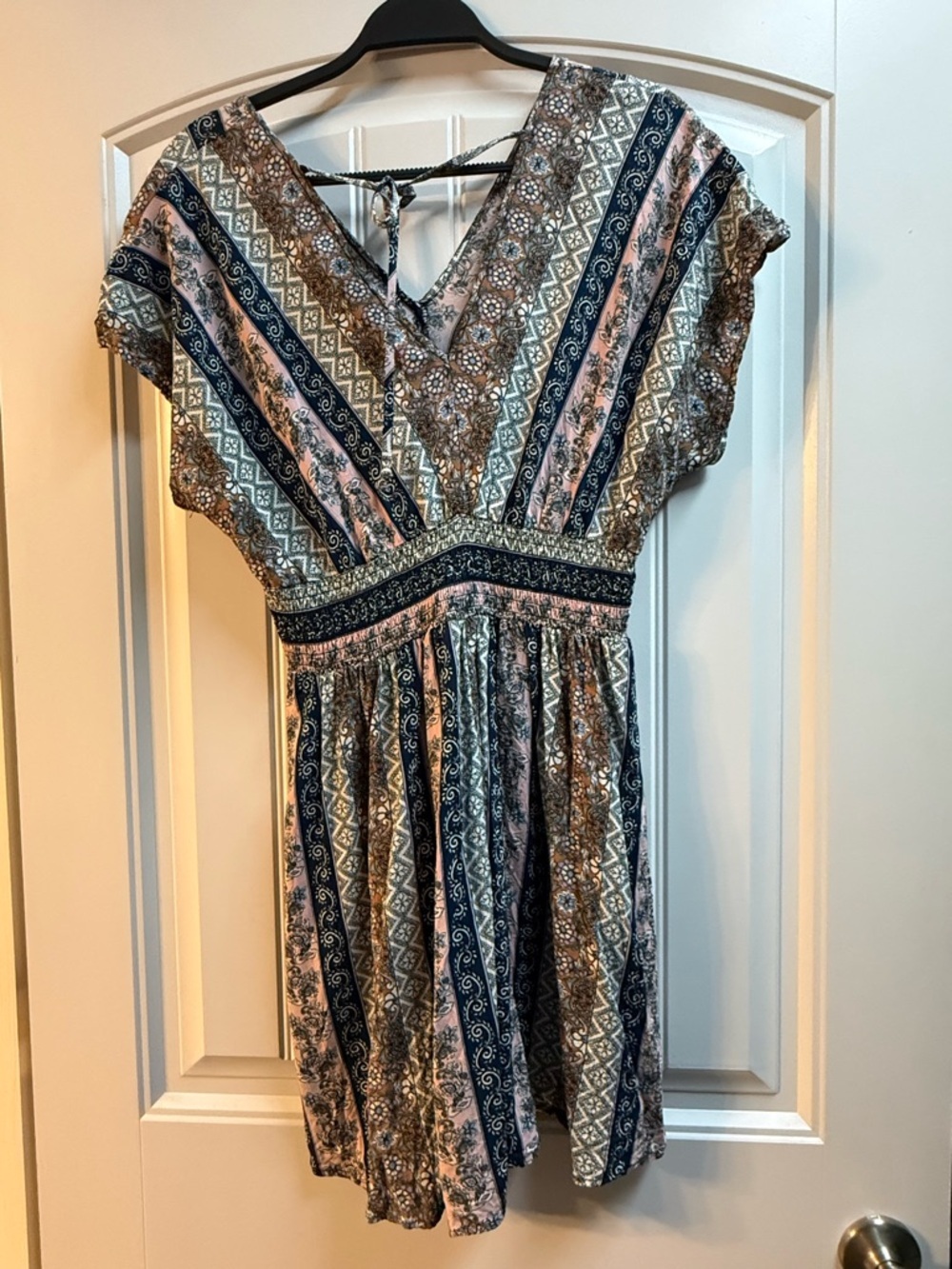 Bebop Large Boho Printed V-Neck Dress Pink Blue Short Sleeve - Picture 2 of 6